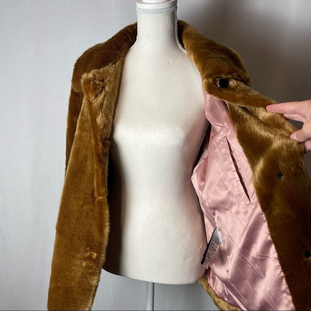 Kate Spade Caramel Brown Faux Mink Fur Coat with Silky Pink Lining SZ L NWT - Picture 5 of 16